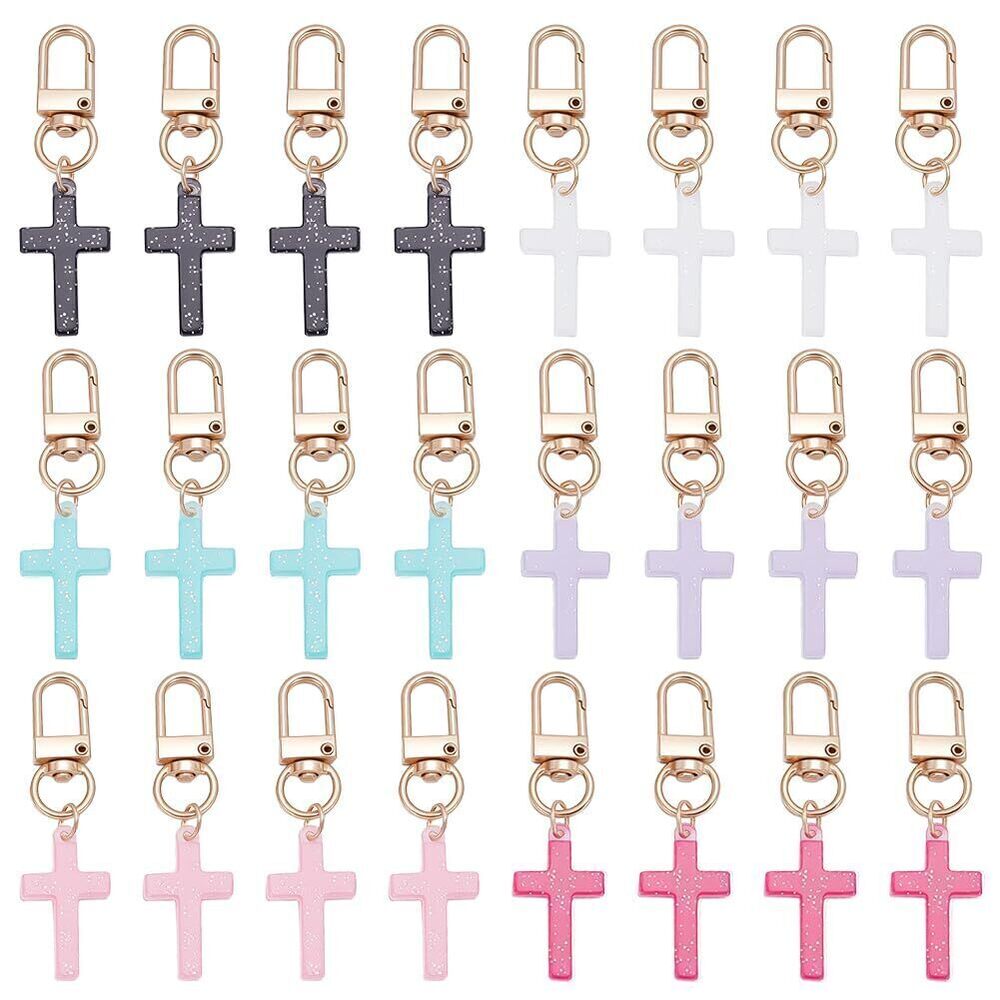 1199 24Pcs Keychain Charms Bulk Glitter Cross Keychain Charms Car Key Ring